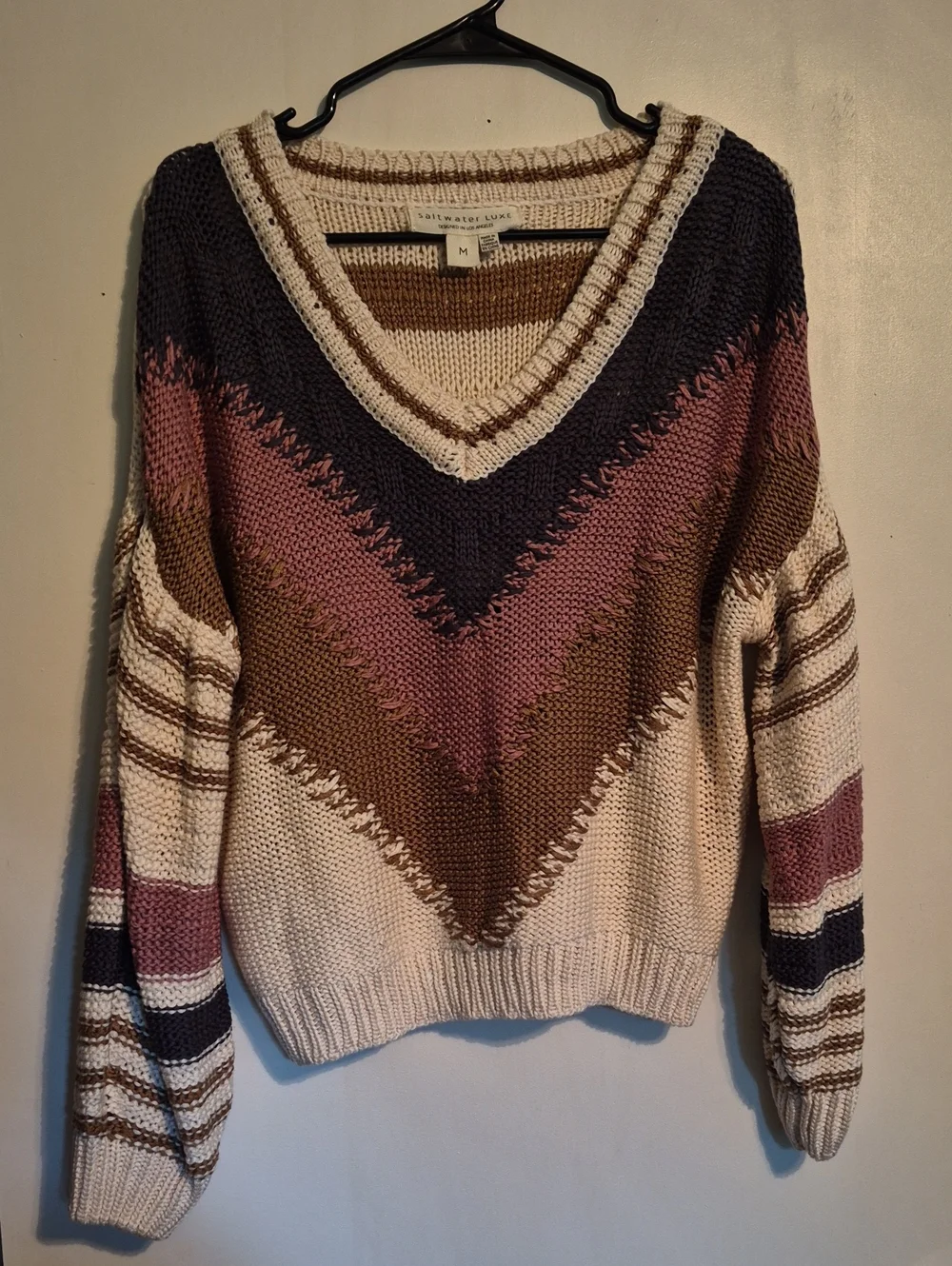 saltwater LUXE Striped V-Neck Sweater in Cream, Brown & Mauve